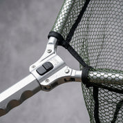 Detalhes da rede de nylon reforçada anti-enrosco e trava de dobra rápida do passaguá de pesca