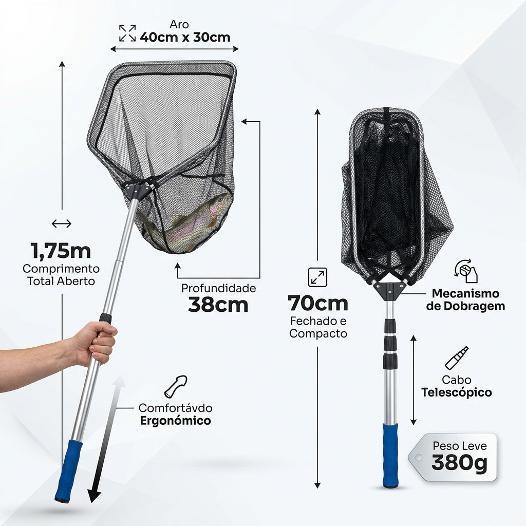 Infográfico com dimensões do passaguá 1,75m aberto 70cm fechado aro triangular 40x30cm e peso 380g