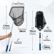 Infográfico com dimensões do passaguá 1,75m aberto 70cm fechado aro triangular 40x30cm e peso 380g