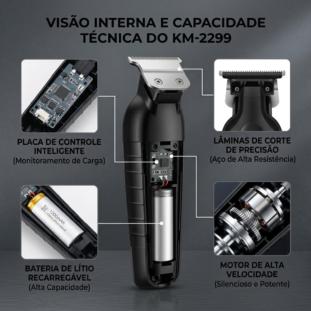 Máquina De Acabamento E Barba Profissional Kemei KM-2299 Sem Fio Bateria Lítio