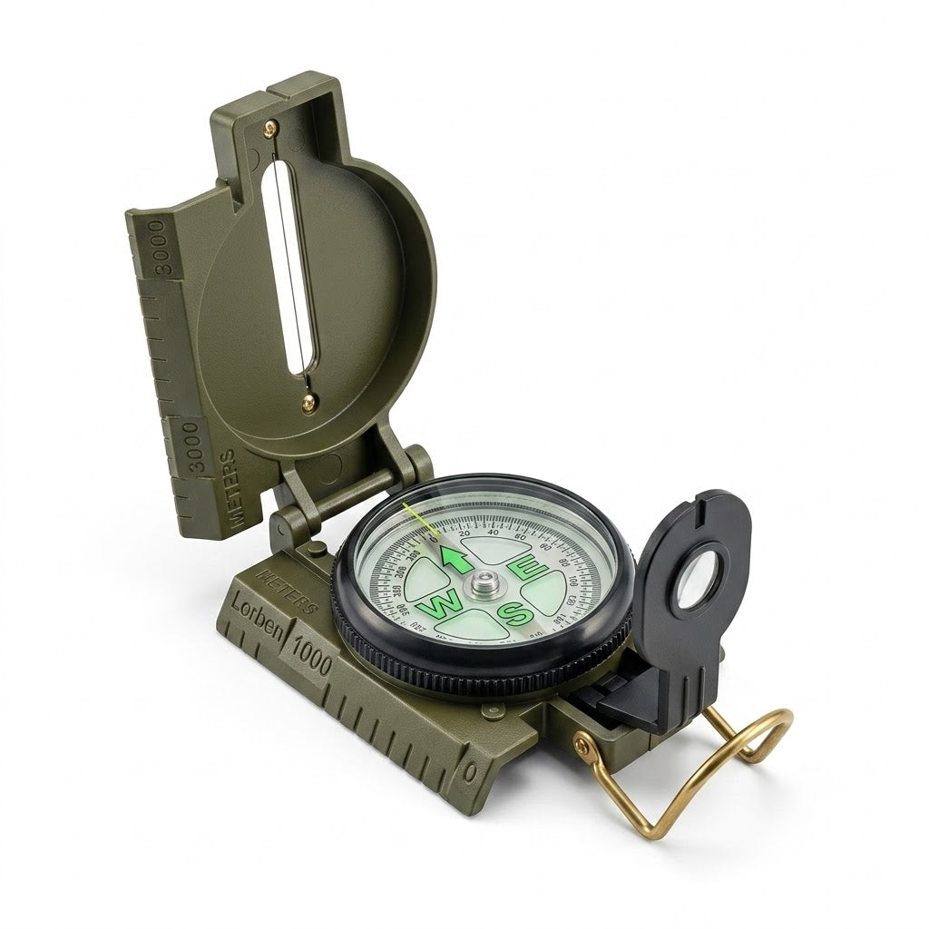 Bússola tática militar de precisão em metal estilo engenheiro com fundo branco.