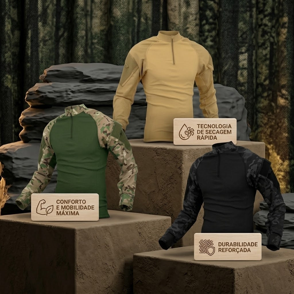 Fechamento da gola mandarim e ajuste em velcro nos punhos da Combat Shirt Vanguard.
