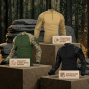 Fechamento da gola mandarim e ajuste em velcro nos punhos da Combat Shirt Vanguard.