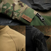 Detalhe da manga em tecido Rip Stop com bolso lateral e superfície em velcro para fixação de patches táticos.