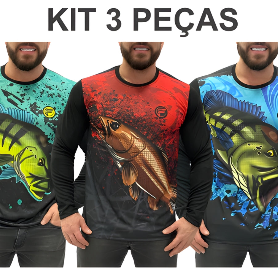 Kit Camisa De Pesca De Até 3 Peças Com Tecido com proteção UV50+ Secagem Ultra Rápida.