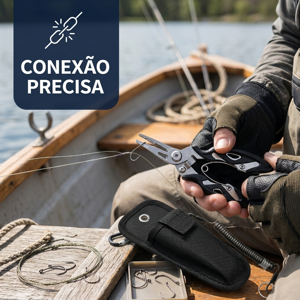Alicate multifuncional de pesca em aço inoxidável para remoção de anzóis e ajustes.