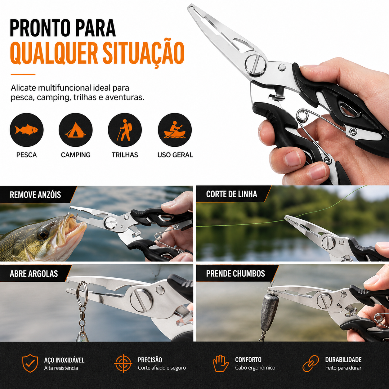 Alicate para remoção de anzóis utilizado em pescarias esportivas em água doce e salgada.