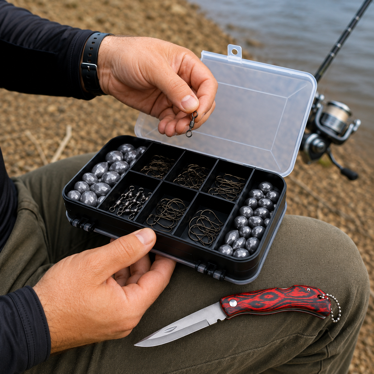 Anzóis niquelados, chumbos bolinha, chumbos oliva e giradores inclusos no kit de pesca.