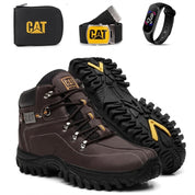 Kit Bota Masculina De Couro Confort Impermeável + Relógio Cinto E Carteira