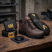 Kit Bota Masculina De Couro Confort Impermeável + Relógio Cinto E Carteira