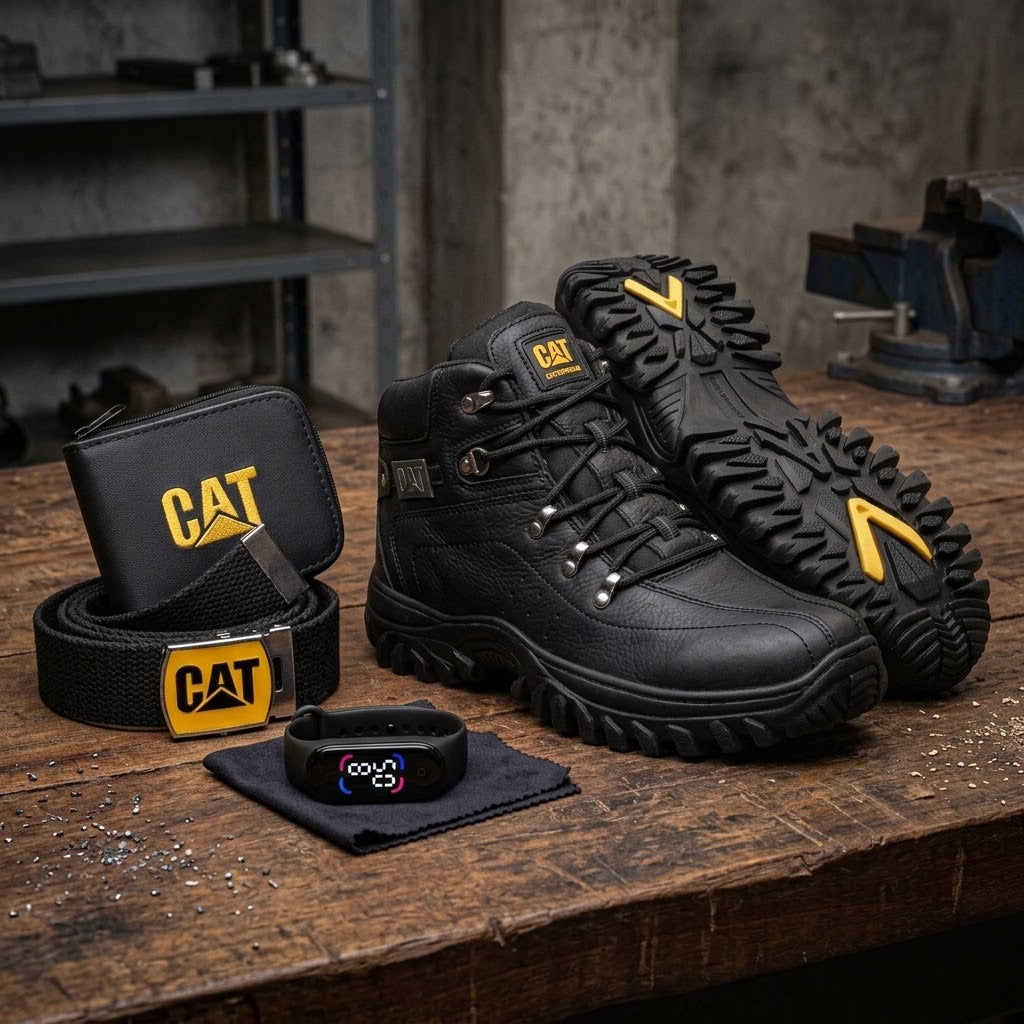 Kit Bota Masculina De Couro Confort Impermeável + Relógio Cinto E Carteira