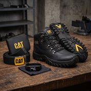 Kit Bota Masculina De Couro Confort Impermeável + Relógio Cinto E Carteira