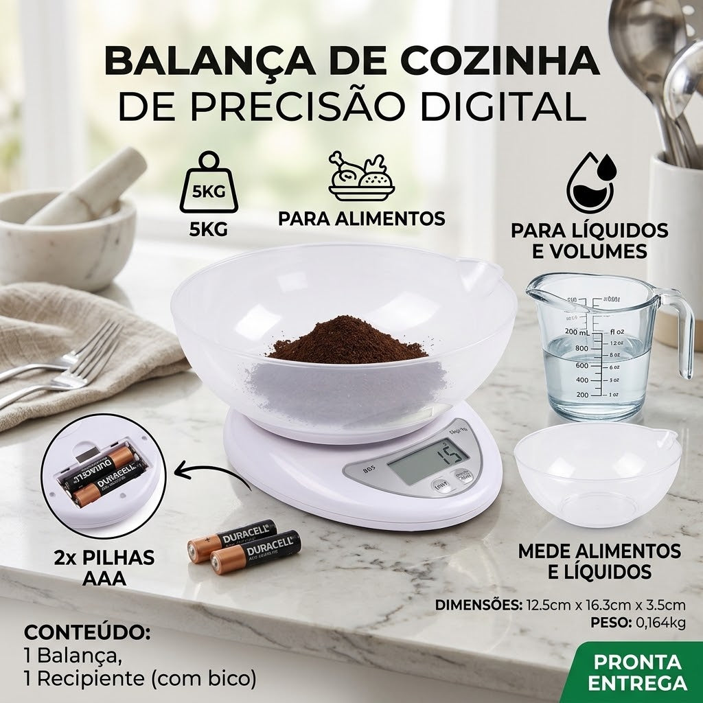 Detalhes do display digital LCD iluminado e botão de função tara da balança culinária.
