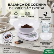 Detalhes do display digital LCD iluminado e botão de função tara da balança culinária.