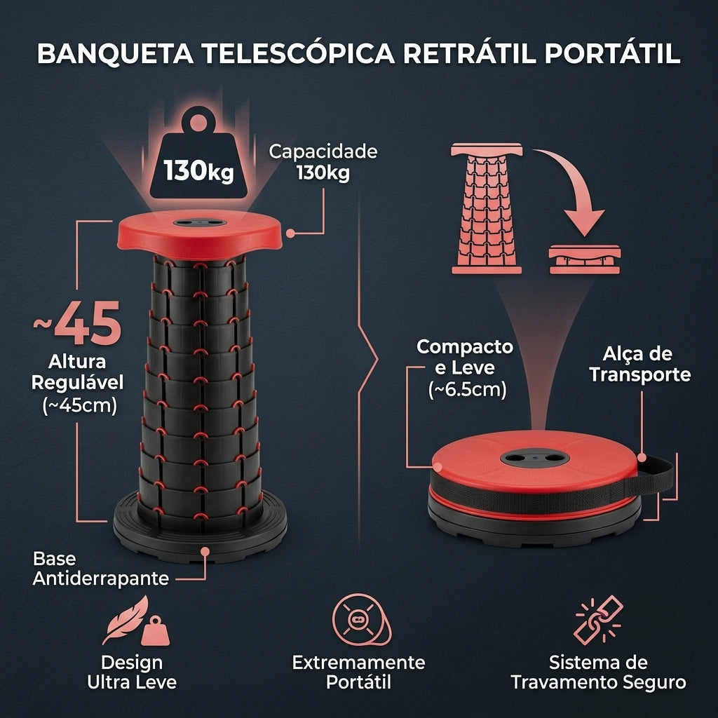 Banqueta dobrável retrátil com estrutura articulada de alta resistência até 150kg.