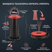 Banqueta dobrável retrátil com estrutura articulada de alta resistência até 150kg.