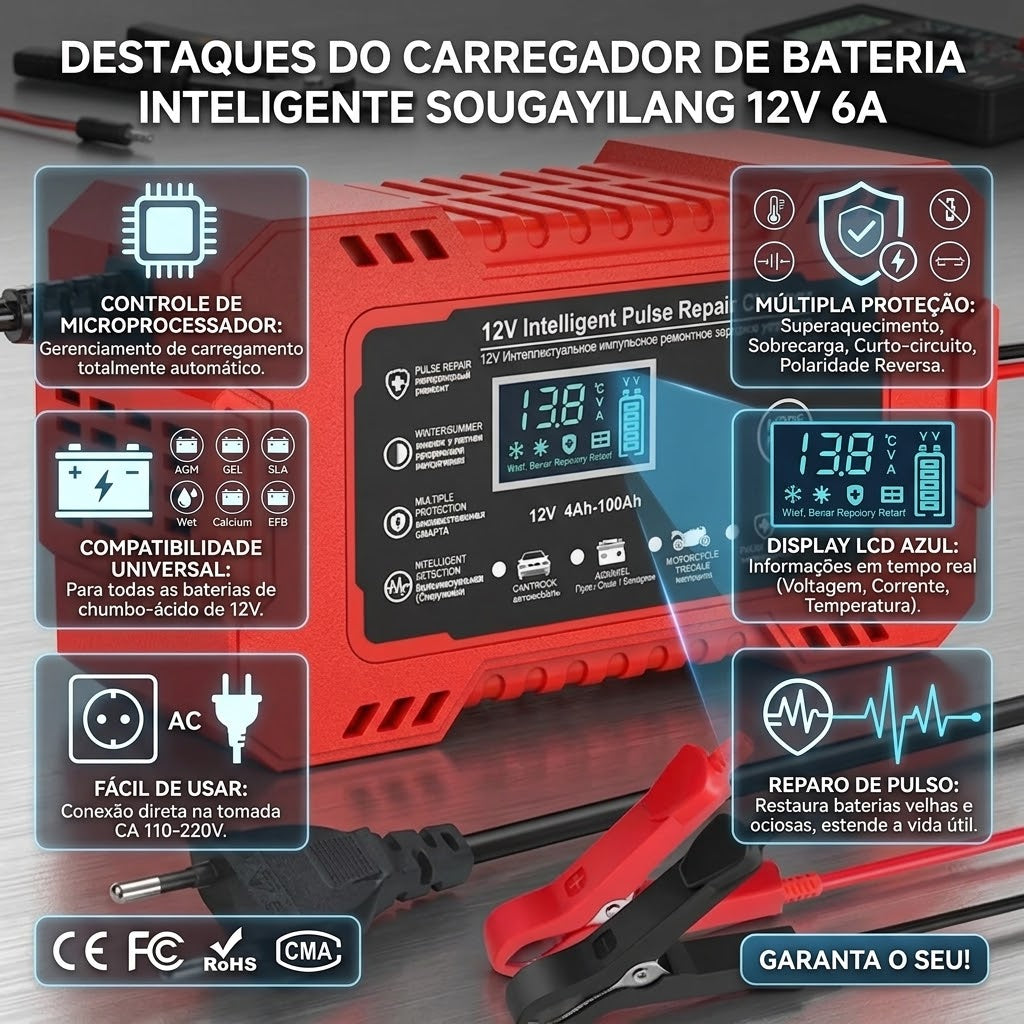 Carregador De Bateria Automotivo Inteligente 12V Com Display Digital E Reparo Por Pulso