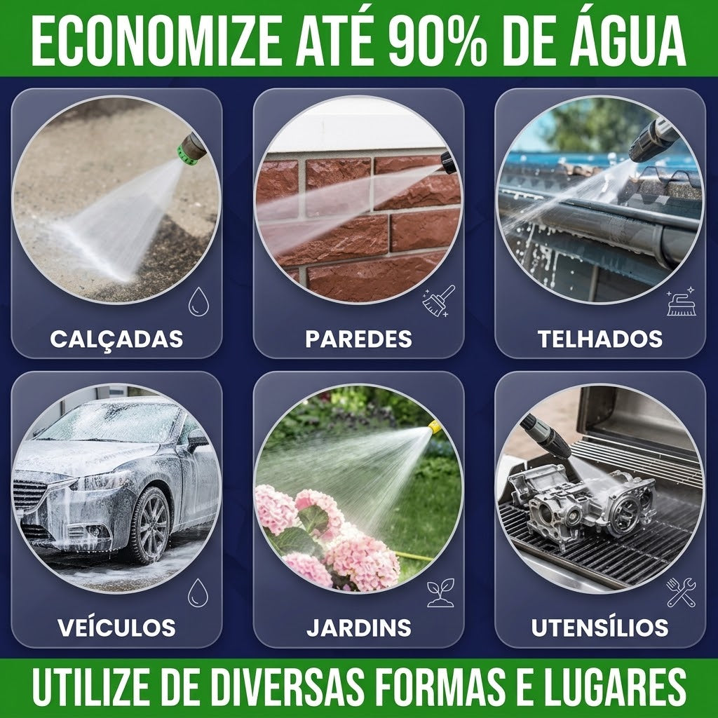 Visão aproximada dos bicos de pulverização leque e reto com recipiente aplicador de espuma da lavadora.