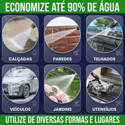 Visão aproximada dos bicos de pulverização leque e reto com recipiente aplicador de espuma da lavadora.