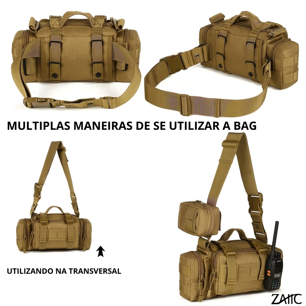 Bolsa pochete militar compacta tipo shoulder bag, ideal para carregar celular, chaves e documentos.