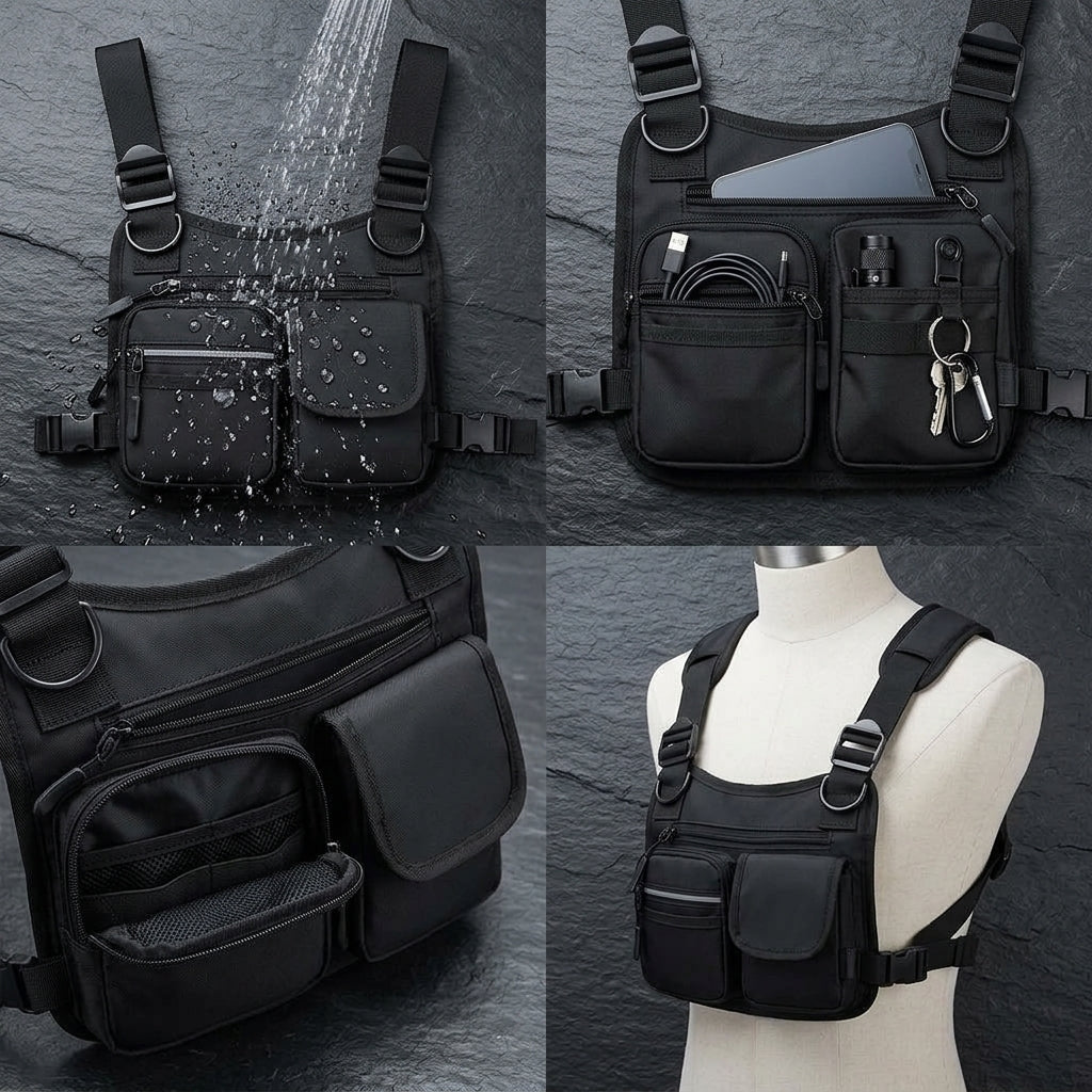 Cintas peitorais ajustáveis e ergonômicas da bolsa chest bag esportiva.