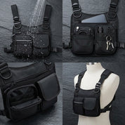Cintas peitorais ajustáveis e ergonômicas da bolsa chest bag esportiva.