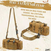 Bolsa transversal tática com alça regulável reforçada e múltiplos compartimentos fechados por zíper.