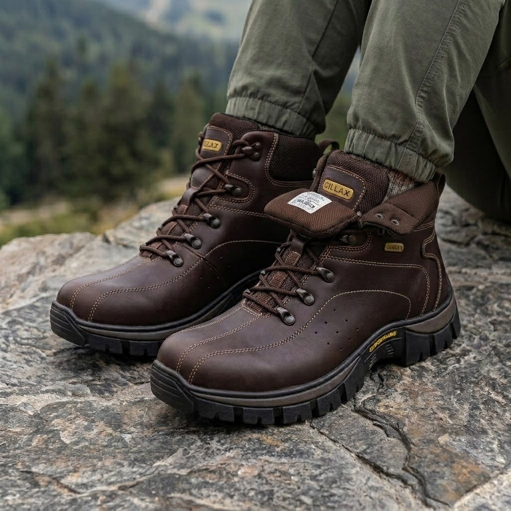 Pessoa utilizando a bota masculina de couro em trilha ao ar livre no campo.