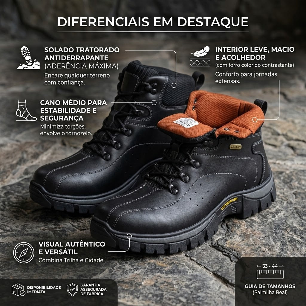 Destaques das características principais em português da bota masculina adventure.