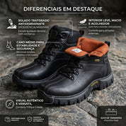 Destaques das características principais em português da bota masculina adventure.