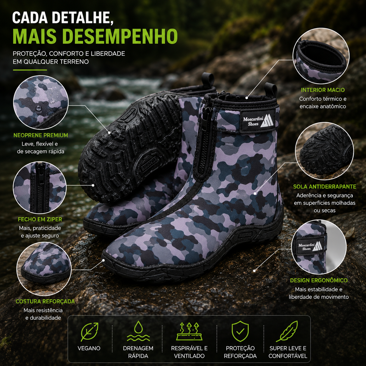 Bota aquática unissex em neoprene com ajuste anatômico e secagem rápida.