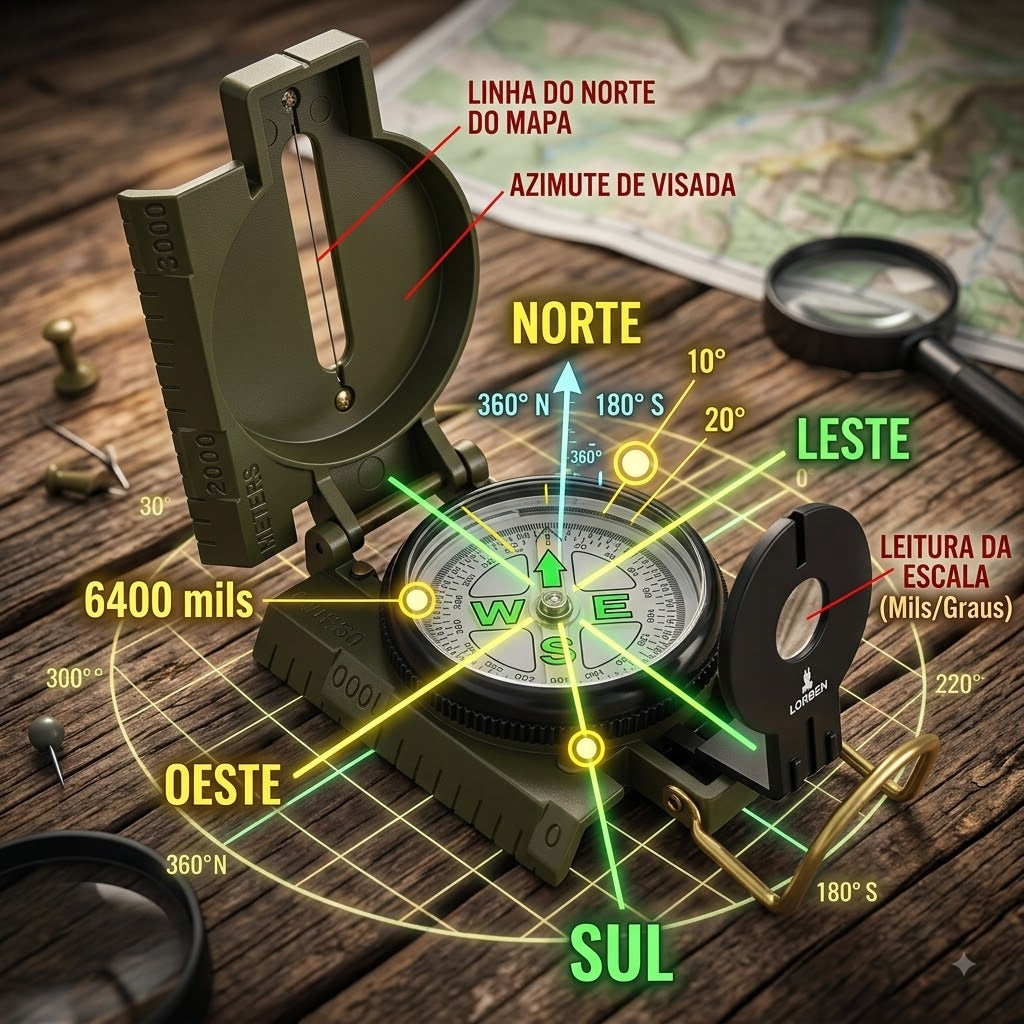 Destaques das características principais em português da bússola tática profissional.