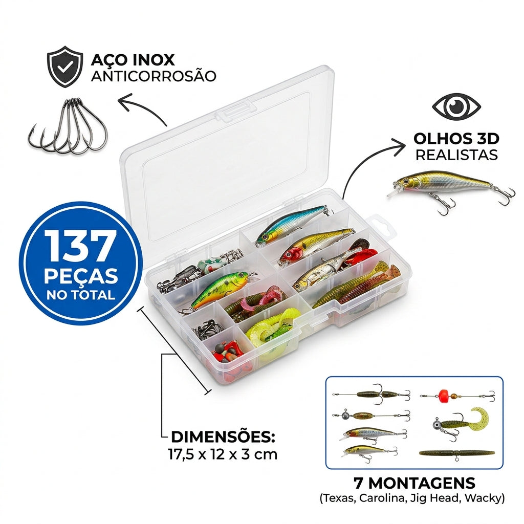 Kit Caixa De Pesca 137 Peças Com Iscas Artificiais Crankbaits Colheres e Acessórios