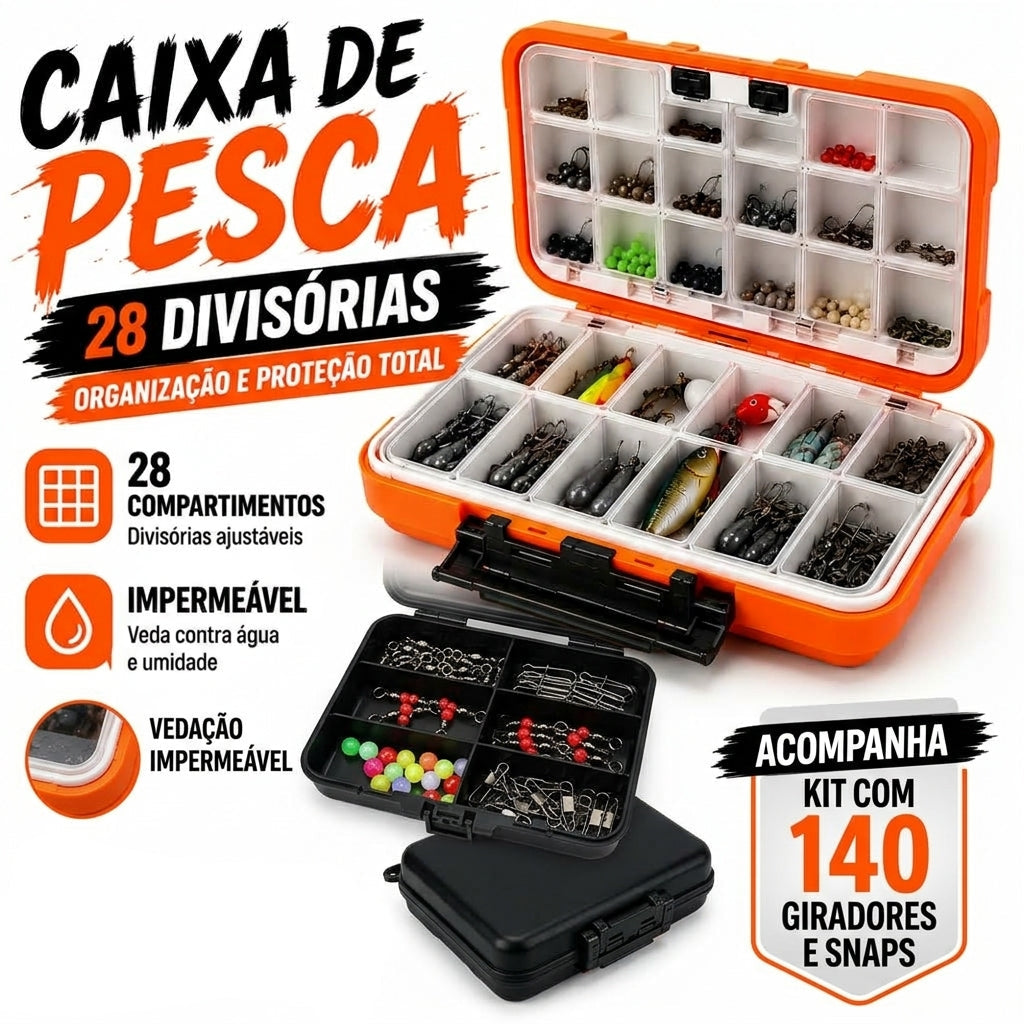 Kit Caixa De Pesca 28 Divisórias Impermeável + Conjunto 140 Giradores e Snaps Com Estojo