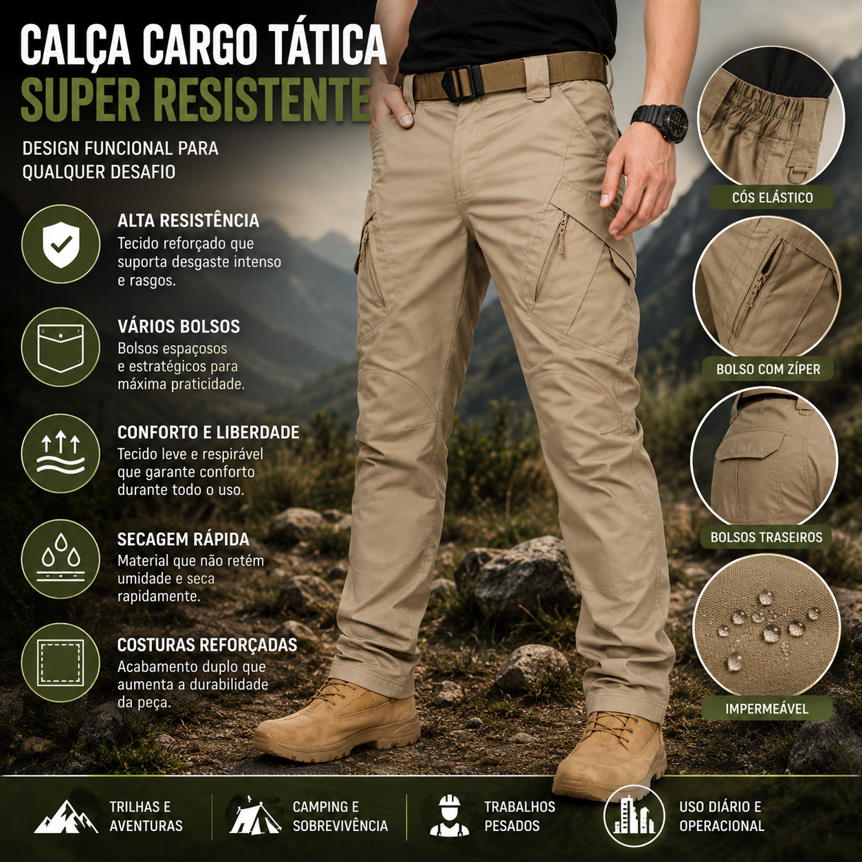 Detalhe dos bolsos funcionais da calça cargo IX9 desenvolvida para trilhas e camping.