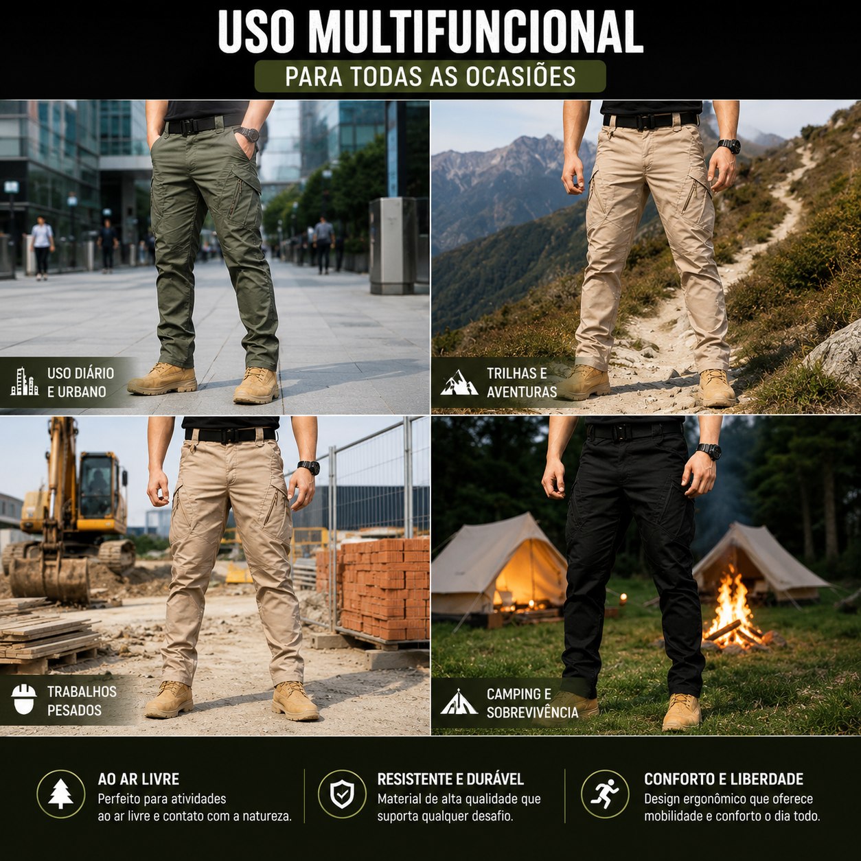 Calça tática masculina com tecido resistente e leve repelência à água para uso outdoor.