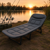 Cama de camping com estrutura em ferro resistente e capacidade para até aproximadamente 200 kg.
