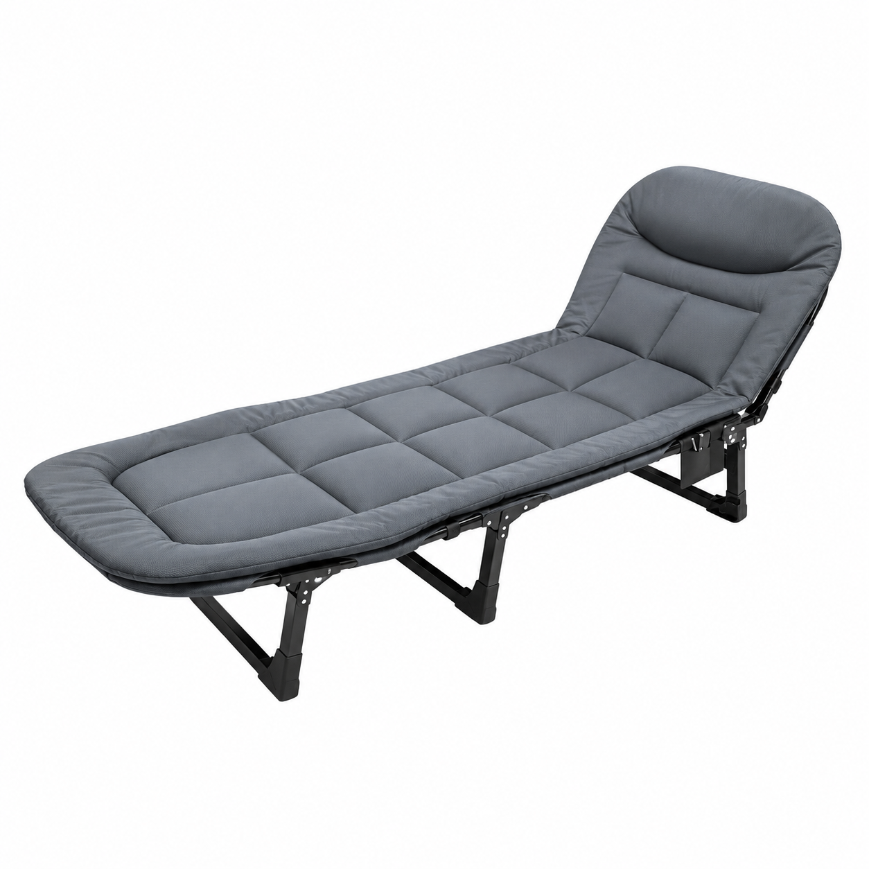 Cama dobrável camping reclinável com estrutura reforçada e tecido resistente para descanso ao ar livre.