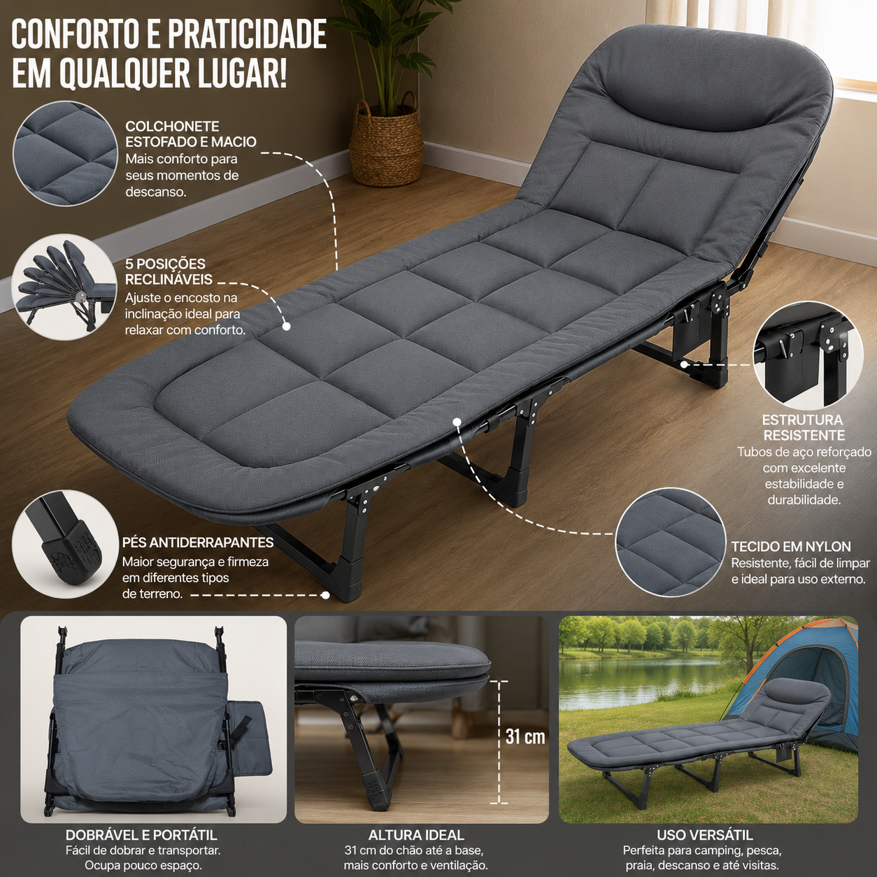 Cama portátil dobrável ideal para camping, pescarias, trilhas e momentos de descanso.