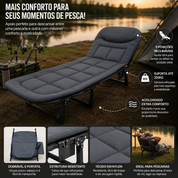 Cama dobrável reclinável com ajuste em cinco posições para maior conforto durante o uso.