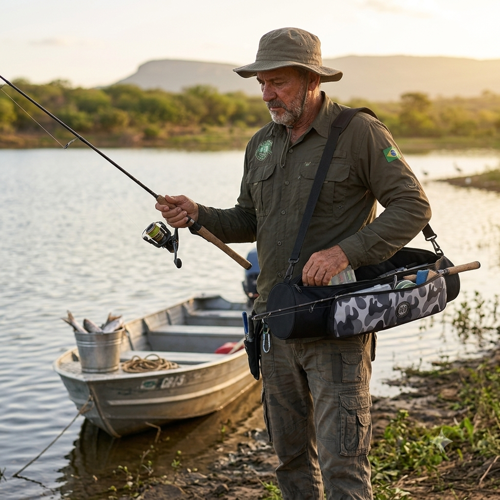Capa porta vara de pesca resistente com alça de ombro para transporte confortável.