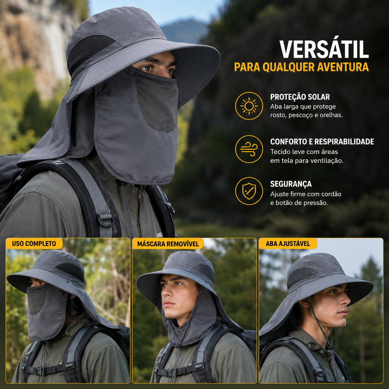 Chapéu com proteção solar UV para camping e atividades outdoor com cobertura ampliada.