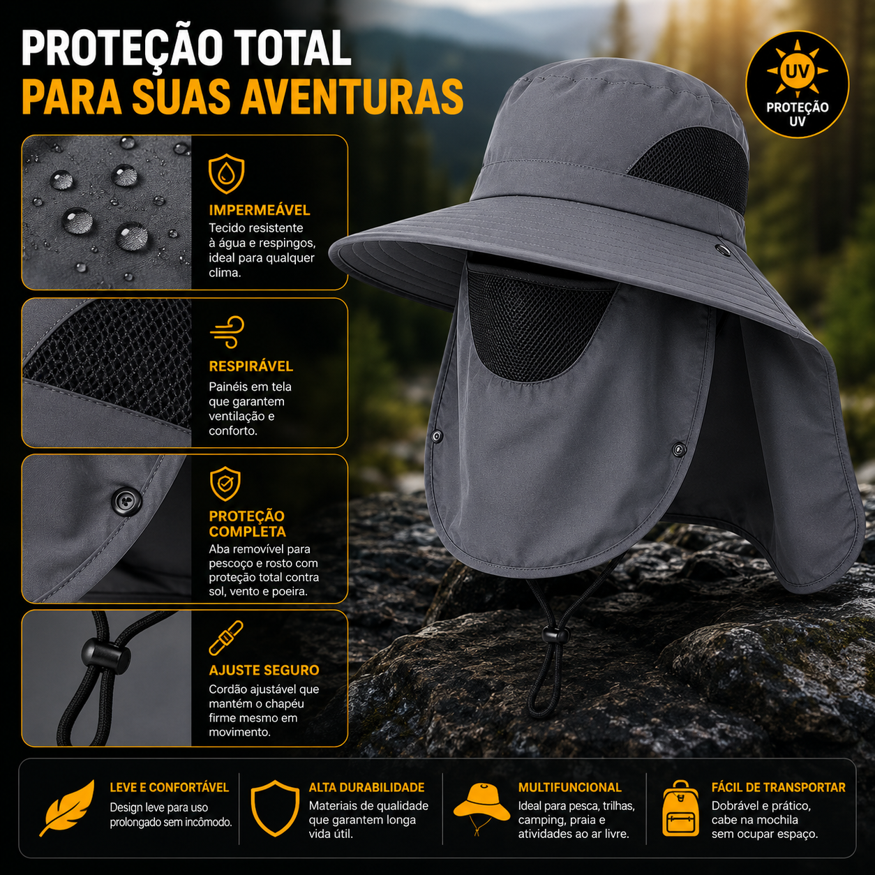 Chapéu para pesca com proteção UV50+, aba larga e tecido respirável para maior conforto.