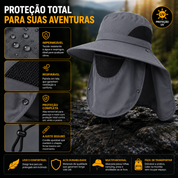 Chapéu para pesca com proteção UV50+, aba larga e tecido respirável para maior conforto.