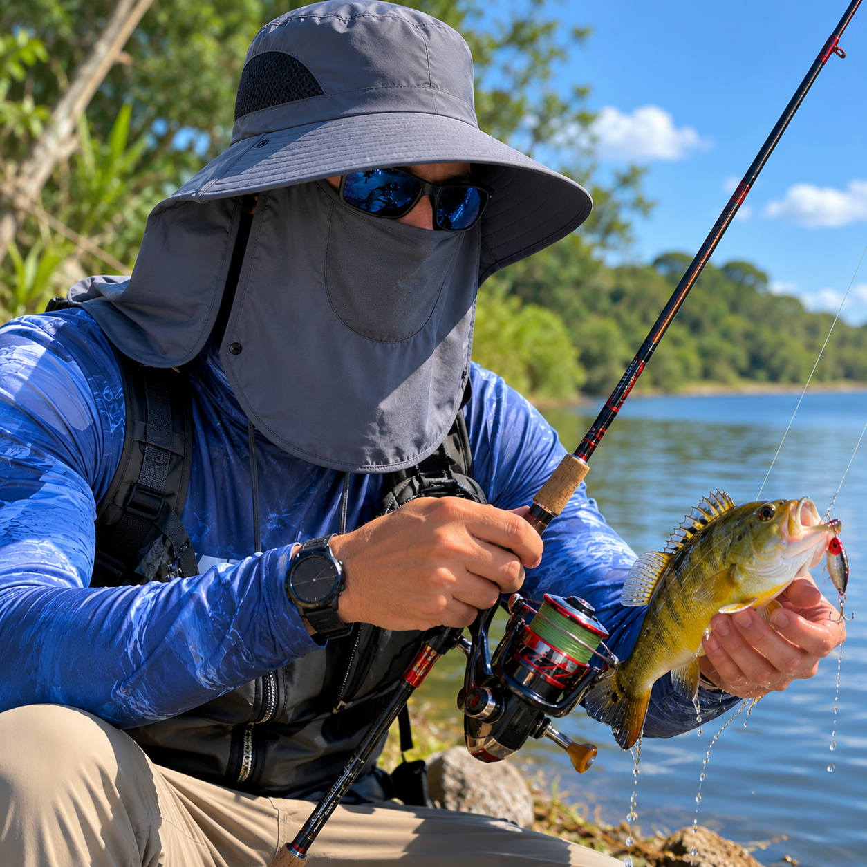 Chapéu estilo pescador com proteção UV50+ para rosto, nuca e pescoço durante a pescaria.