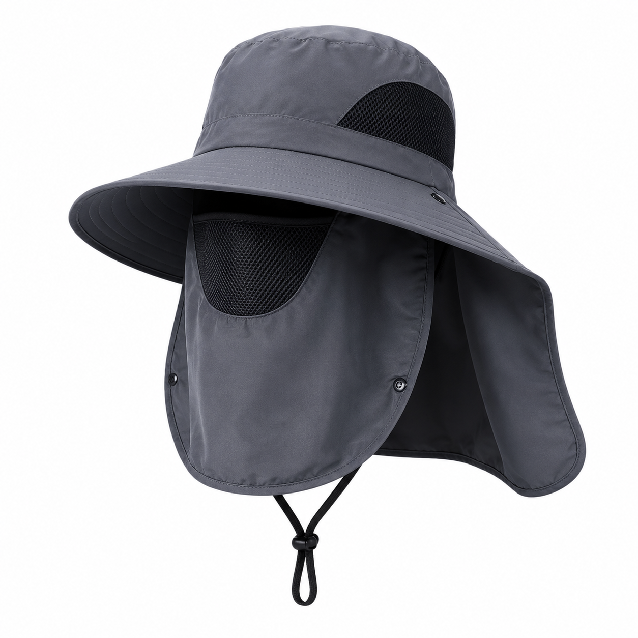 Chapéu de sol UV50+ com proteção facial e cobertura para pescoço para atividades ao ar livre.