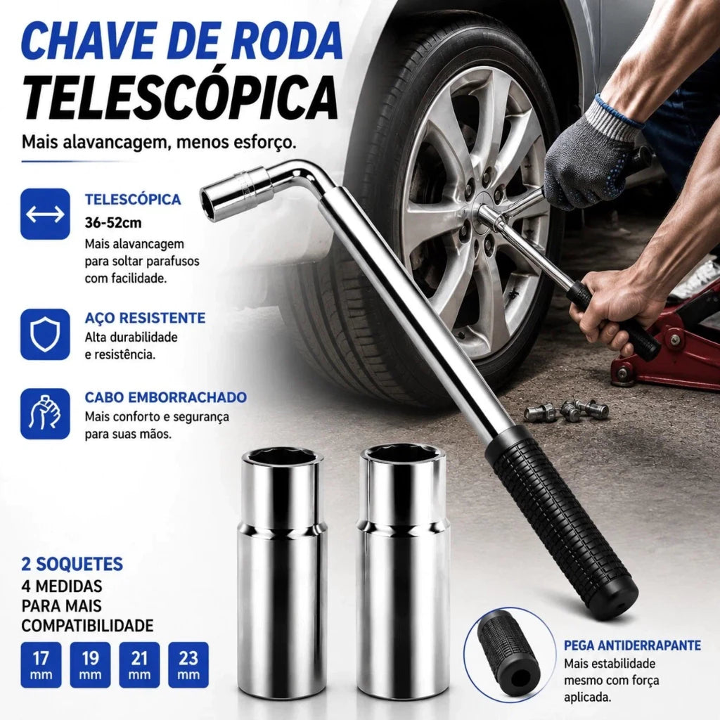 Detalhes do mecanismo de extensão telescópico e soquetes em aço cromo vanádio da chave de roda.