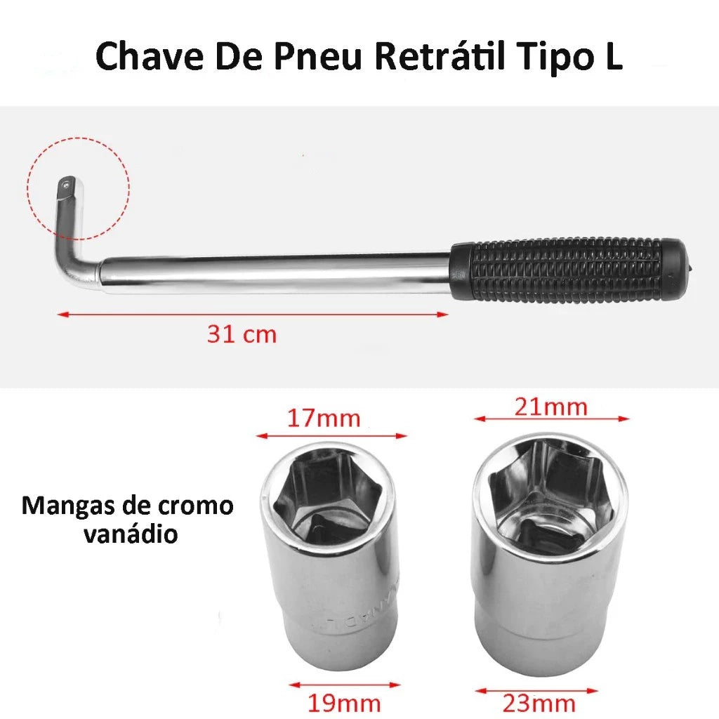 Pessoa utilizando a chave de roda L telescópica para soltar parafuso de pneu automotivo.