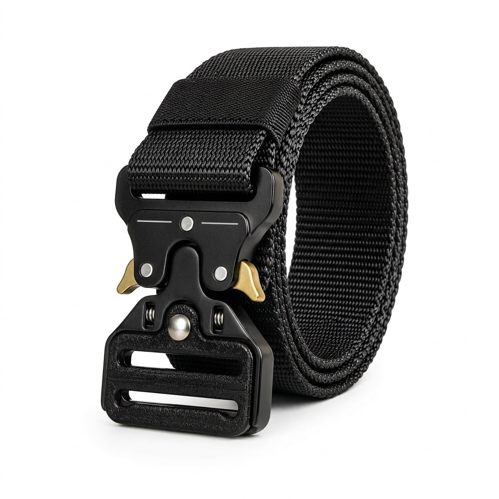 Cinto tático militar em nylon preto com fivela automática de metal preta e sistema de engate rápido