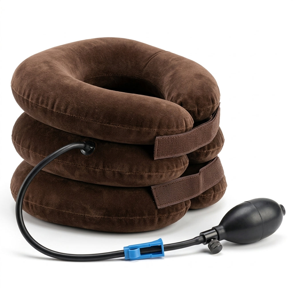 Colar cervical inflavel ortopedico com 3 camadas em tecido aveludado marrom bomba manual e trava em fundo branco.